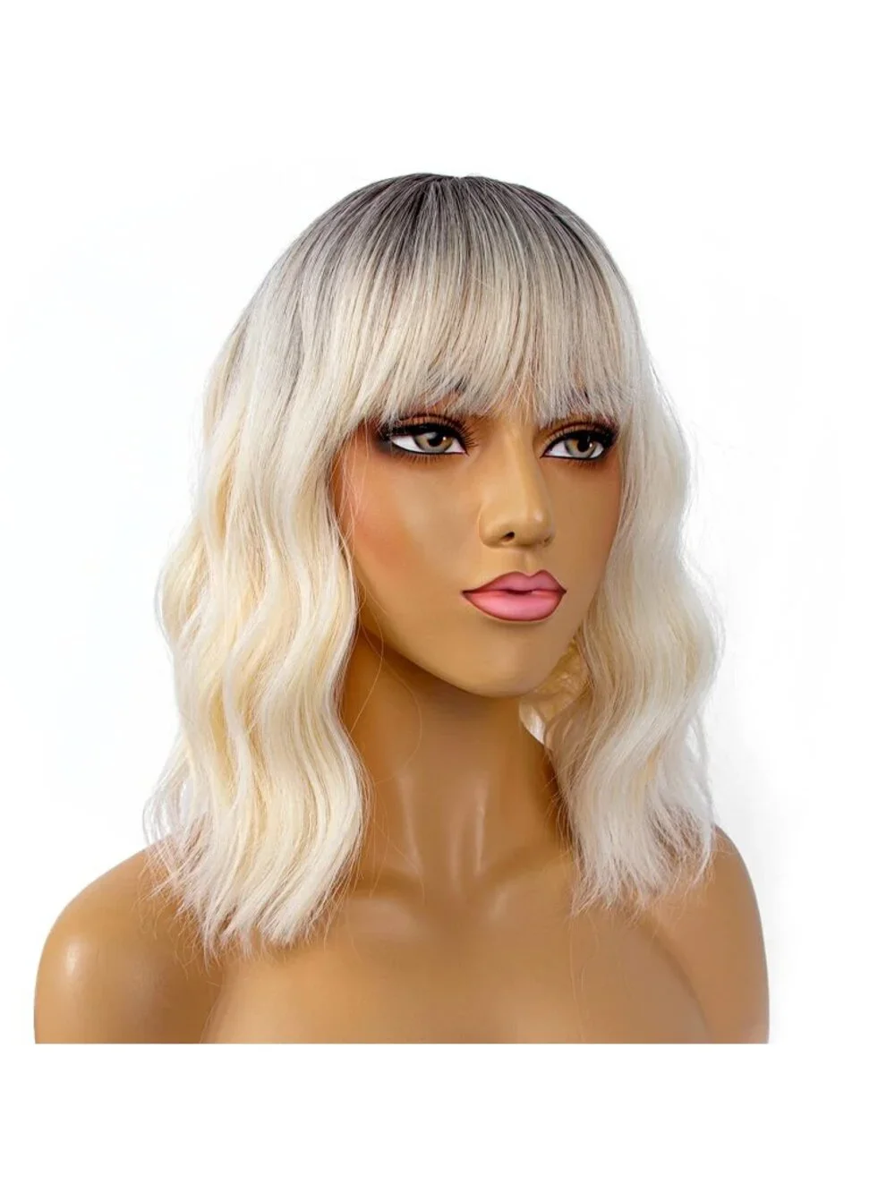 Women's Blonde Ombre Shoulder Length Synthetic Loose Wavy Short Bob Wigs Bangs